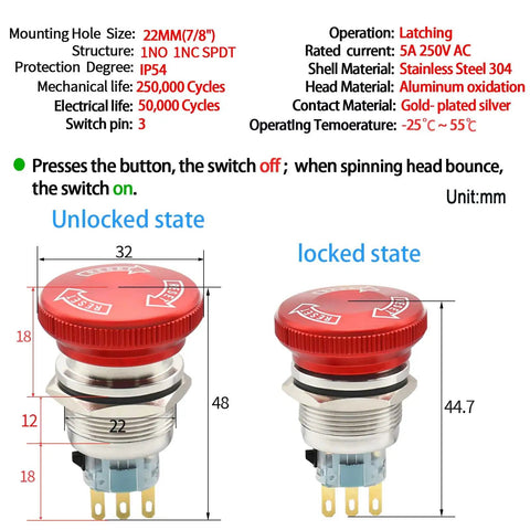 Diagram of 22mm Latching Emergency Stop Push Button Switch SPDT, Normally Open, Normally Closed, Stainless Steel 304 with Socket.
