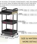 Three Tier Rolling Utility Cart With Removable Drawer Sturdy Black Mobile Storage Cart On Two Lockable Wheels, dimensions shown