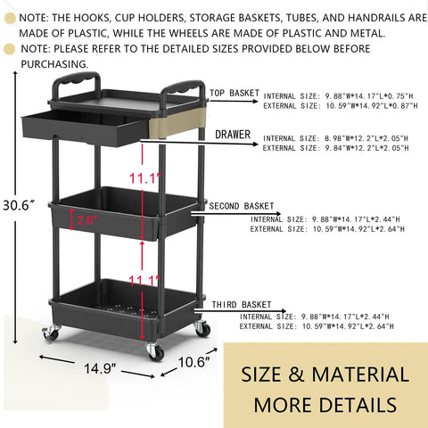 Three Tier Rolling Utility Cart With Removable Drawer Sturdy Black Mobile Storage Cart On Two Lockable Wheels, dimensions shown
