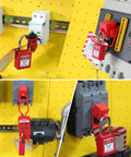 Industrial Lockout Tagout Kit For Electrical Safety With Locks And Clamp On Breaker Locks in use on electrical panel