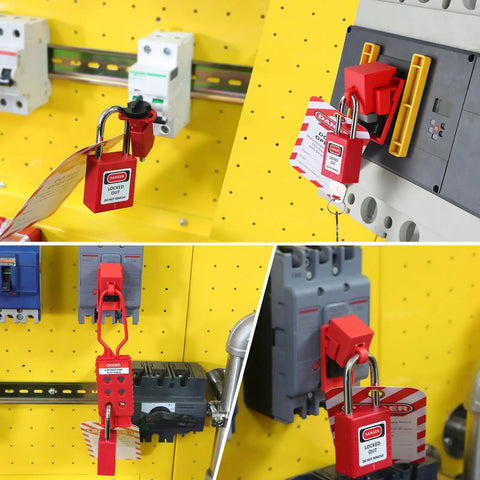 Industrial Lockout Tagout Kit For Electrical Safety With Locks And Clamp On Breaker Locks in use on electrical panel