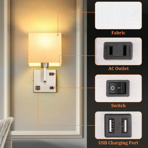 Set of 2 Wall Sconces With USB Port And AC Outlet in nickel finish, showing fabric shade, AC outlet, switch, USB ports, for bedrooms or hotels