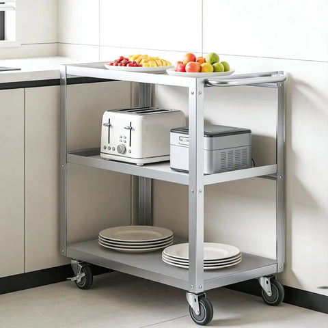 Heavy Duty Stainless Steel Utility Cart Three Tier With Wheels And Handle, NSF Commercial Mobile Rolling Cart for kitchen use