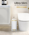 Ultra slim compact bathroom trash can with lid and soft close, 5 liter stainless steel slim waste basket by toilet, white and gold trim