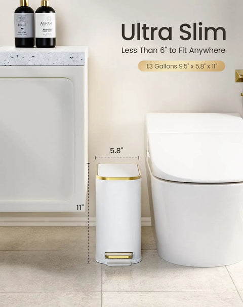 Ultra slim compact bathroom trash can with lid and soft close, 5 liter stainless steel slim waste basket by toilet, white and gold trim