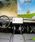 Interior of Tesla Model 3/Y showing before and after air quality with Tesla Model 3 And Model Y Cabin Air Filter With Activated Carbon Replacement For 2016 To 2024 Models 3 And Y Keeps Cabin Smelling Fresh Boosts Air Quality Odor Control High Capacity Long Lasting Performance.