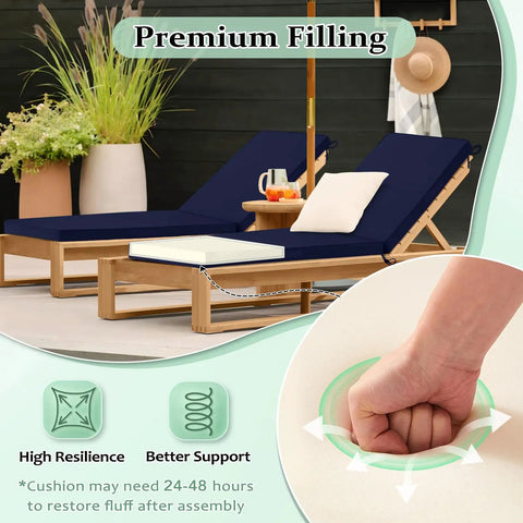 Get Comfy Two-Piece Chaise Lounge Cushions Set for Outdoor Furniture, navy cushions shown on patio lounge chairs.