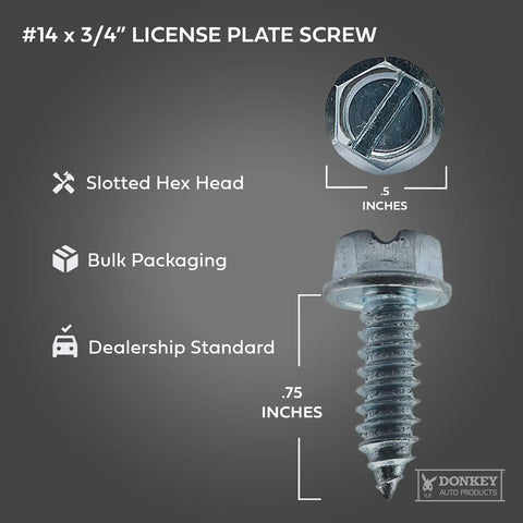 License Plate Screws Size Fourteen By Three Quarter Inch Slotted Hex Head For Vehicles Pack Of 100 shown with dimensions