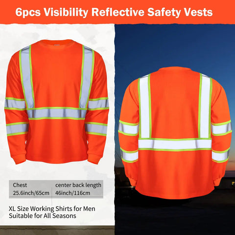 Six Pack Safety Long Sleeve T Shirt With 360 Degree Reflective Strips Class 3 High Visibility Orange For Construction Surveyor And Outdoor Work Breathable Comfort front and back view