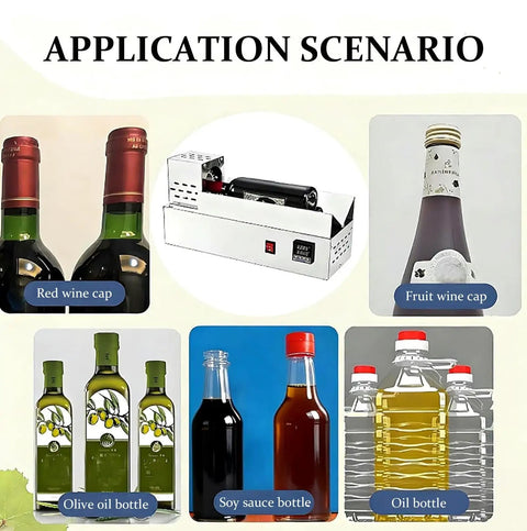 600W Neck Heat Shrink Sealing Machine For Wine Bottles, Digital Display, Manual Push Operate, used on various beverage bottles.