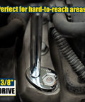 Three Eighths Inch Drive Crowfoot Wrench Set in use, reaching hard spaces, heavy-duty CR-V steel, visible shiny flare nut head