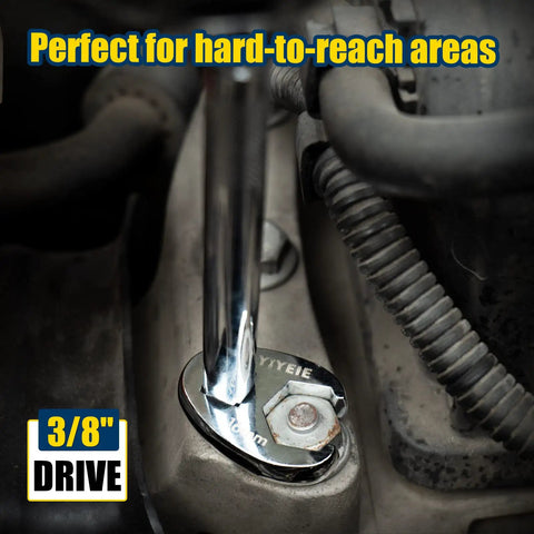 Three Eighths Inch Drive Crowfoot Wrench Set in use, reaching hard spaces, heavy-duty CR-V steel, visible shiny flare nut head
