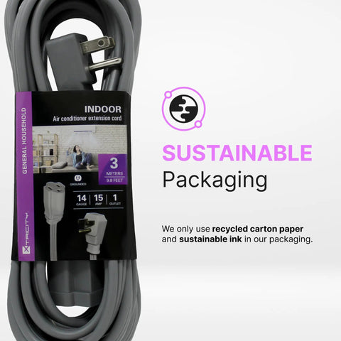 Beefed Up 10 Foot Extension Cord For Air Conditioners And Appliances 14 Gauge 15 Amp ETL Listed Grey Flat Plug Space Saver