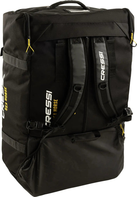Back view of Rolling Wheeled Backpack For Travel And Dive Gear High Capacity Luggage With Fin Pocket Converts To Backpack Durable 900D Polyester