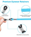Close-up of 5 Pack Premium Leather Eyeglass Straps with adjustable spring buckle, leather lanyard, premium rubber ends.
