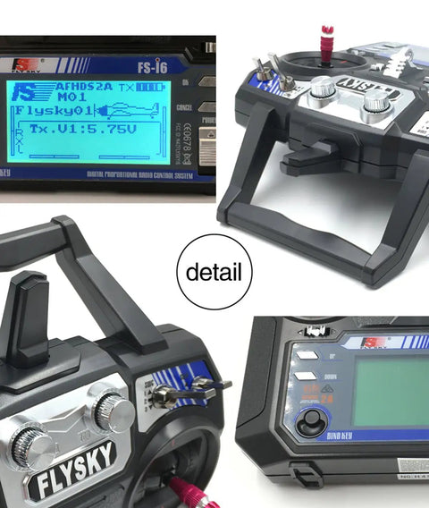 Close-up of Six Channel 2.4GHz RC Transmitter With FS-iA6 Receiver For Helicopters, Planes, Quads, Glide Mode 2 Ready, Interference Free AFHDS 2A Signal, Long Range Control, User Friendly Hobbyist Radio System showing display and controls.