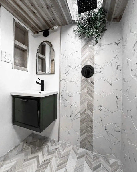 Bathroom with matte black trim, featuring No Fuss Easy Install Posi Temp Valve Trim Kit Replacement Matte Black Finish.