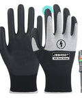 Pro Grade Insulated Electrician Gloves For 400V Work High Voltage Protection Flame Retardant Rubber Palm Non Slip Grip Durable Insulation Safety Gloves For Electrical Troubleshooting And Equipment Handling in black and white with touch-screen tip and voltage tester.