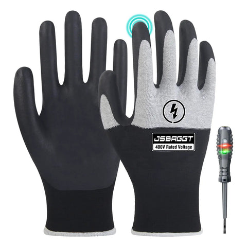 Pro Grade Insulated Electrician Gloves For 400V Work High Voltage Protection Flame Retardant Rubber Palm Non Slip Grip Durable Insulation Safety Gloves For Electrical Troubleshooting And Equipment Handling in black and white with touch-screen tip and voltage tester.