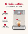 Fully Automatic Espresso Machine With Built In Grinder And Easy Access Bean Hopper, 15 One Touch Recipes For Bold Shots, Creamy Lattes, And Smooth Americano, Porcelain White coffee maker with touchscreen display.