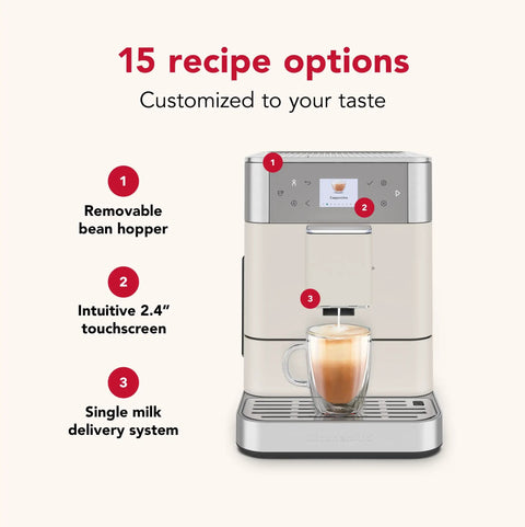 Fully Automatic Espresso Machine With Built In Grinder And Easy Access Bean Hopper, 15 One Touch Recipes For Bold Shots, Creamy Lattes, And Smooth Americano, Porcelain White coffee maker with touchscreen display.