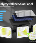 Diagram of Solar Outdoor Motion Sensor Lights With Three Heads 3000LM Bright 180 LED showing polycrystalline panel layers and LED chips