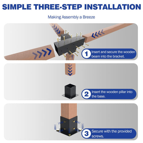 Installation steps for Beefed Up Heavy Duty 4 Way Slanted Roof Pergola Bracket Set 15 Degree Wall Mount Kit