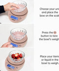 Step-by-step use of Pink Digital Kitchen Scale 11lb/5kg Capacity With 1g Precision, Large LCD Display, Auto Unit Conversion Scale.