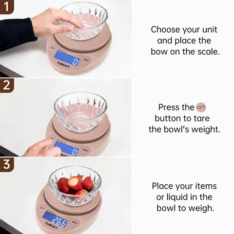 Step-by-step use of Pink Digital Kitchen Scale 11lb/5kg Capacity With 1g Precision, Large LCD Display, Auto Unit Conversion Scale.