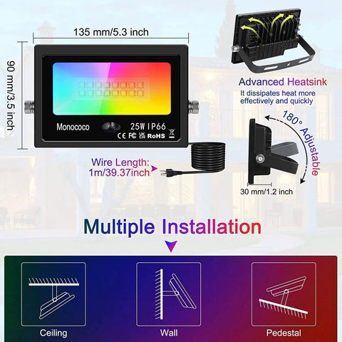 Outdoor 25W RGB LED Flood Lights 4 Pack With Remote Control Color Changing Patio Uplights Waterproof IP66 with dimensions and installation options.