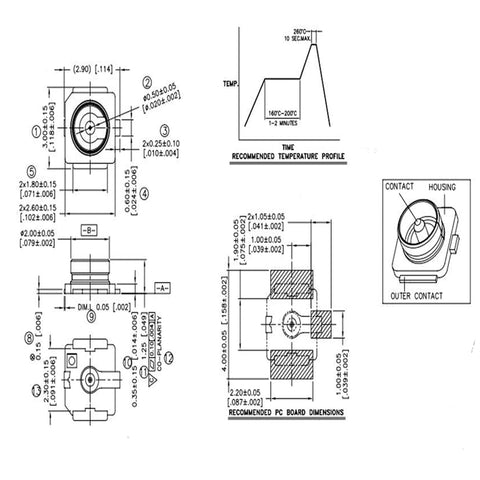 Technical diagram of IPEX UFL SMD SMT Solder Coaxial Connector Socket Jack Female For PCB Mount Antenna Block 50 Ohm Impedance DC 0-6 GHz