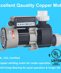 Heavy Duty 1 Point 5 Horsepower Bath Pump And Hot Tub Replacement Motor At 110 Volts With One Point 5 Inch Port Featuring Pure Copper Windings Built Tough For Spas With Zero Hassle Quick Swap motor with copper windings and anti-creep bearing.
