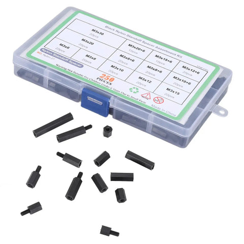 Non Conductive Nylon Hex Spacer Standoff Kit 250 Piece Fastener Set With M3 Screws Nuts And Threaded Pillars For Electronics UAV Drones Planes And Industrial Projects Built To Last No Sweat Easy Install, black nylon standoffs in case