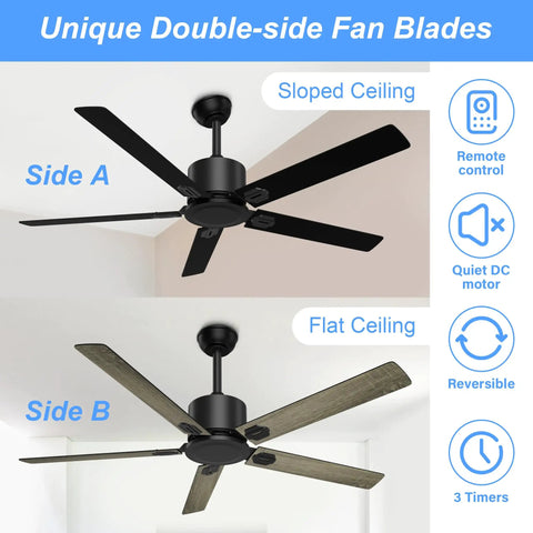52 Inch Black Modern Ceiling Fan No Light With Five Blades Dual Finish Six Speed Quiet DC Motor Reversible For Patio Garage And Bedroom Energy Efficient Whisper Quiet Under 35dB with dual-side blade design shown.