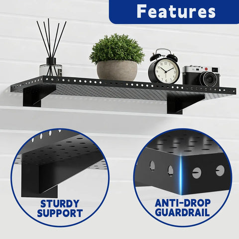 Beefy Heavy Duty Slatwall Shelf 16x12 Inch Steel Storage Rack For Garage And Workshop 2 Pack Holds Up To 100 Lbs All Steel Construction Wide Slatwall Compatibility With Proslat Crownwall StoreWALL HandiWall NewAge installed with decor items