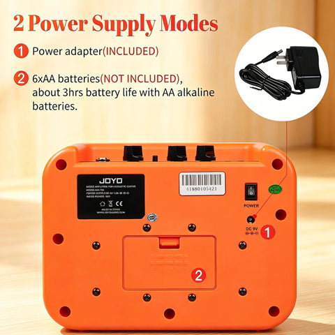 Back view of Compact 10W Acoustic Guitar Amplifier With 15 Foot Cable Bundle showing power options and adapter