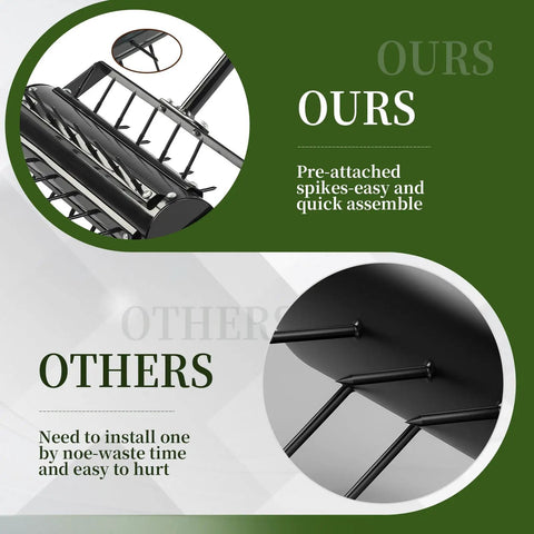 Comparison of our and other rolling lawn aerators, highlighting pre-attached spikes for easy assembly and 36 steel spikes design.