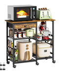 Microwave Stand With Wheels 6-Tier Rolling Cart Adjustable Shelves Kitchen Island Storage Office Organizer Coffee Bar Table Rustic Brown