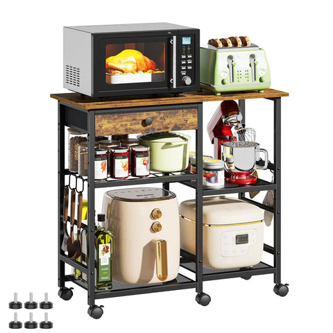 Microwave Stand With Wheels 6-Tier Rolling Cart Adjustable Shelves Kitchen Island Storage Office Organizer Coffee Bar Table Rustic Brown