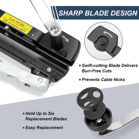 Heavy Duty Workhorse MC Cable Cutter Adjusts 3/16 To 7/10 Inches Nips BX AC MCAP And Greenfield Cable Cleanly with sharp blade design.