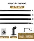 Contents of Heavy Duty Adjustable Curtain Rod Kit 35 To 75 Inches Seven Eighths Inch Diameter Black With Aluminum End Caps Steel Poles.