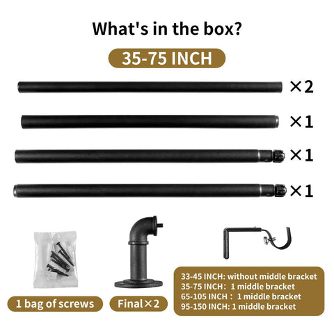 Contents of Heavy Duty Adjustable Curtain Rod Kit 35 To 75 Inches Seven Eighths Inch Diameter Black With Aluminum End Caps Steel Poles.