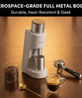 Top Tier Single Dose Coffee Grinder Built For Killer Extraction Features Super Tight Stepless Adjustment and Complete Zero Retention on wooden table.