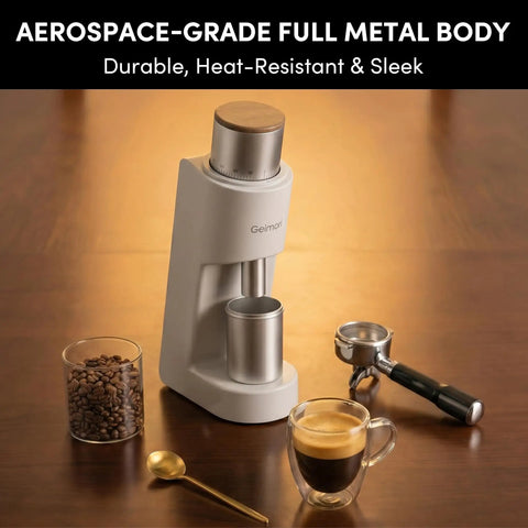 Top Tier Single Dose Coffee Grinder Built For Killer Extraction Features Super Tight Stepless Adjustment and Complete Zero Retention on wooden table.
