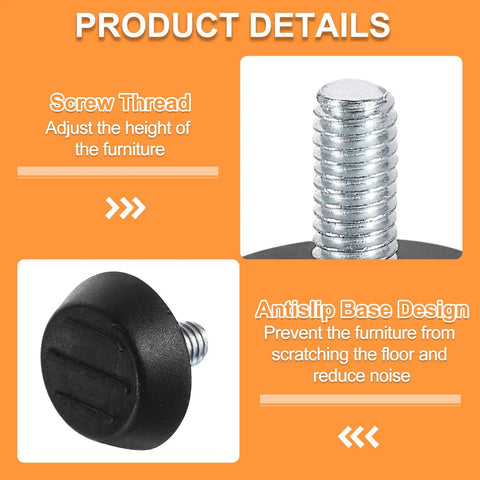 Heavy Duty M6 Adjustable Furniture Feet Levelers Zinc Plated Carbon Steel Screw In Glides Anti Slip Pads Replacement For Table And Chair Legs showing screw thread and antislip base design.