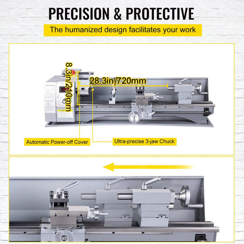 Compact Mini Metal Lathe Machine Delivering Smooth 2500 RPM Variable Speed Rotation Powered By A Kickass 750W Brushless Motor For Any Weekend Warrior Builder, featuring automatic power-off cover and ultra-precise 3-jaw chuck.