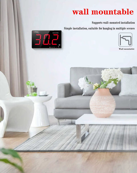 30 to 130 dB Sound Level Meter With 18 Inch LCD Display Wall Mount Alarm Noise Detector in a living room setting