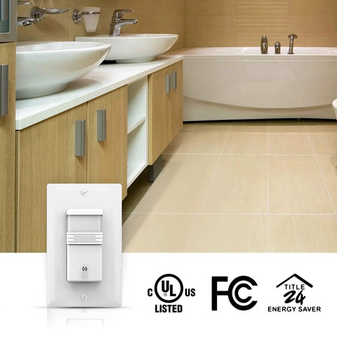 Bathroom setting with ten pack occupancy motion sensor light switch for no fuss hands free lighting pir infrared wall switch, UL listed