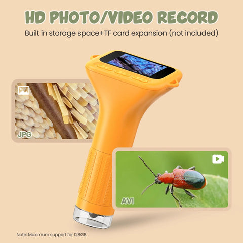 Portable Handheld Digital Microscope For Kids With 1000x Magnification Crystal Clear 1080p Images On A Two Inch IPS Screen Plug And Play USB Connection Easy To Use For Curious Minds To Explore The Micro World. orange handheld digital microscope with 2-inch IPS screen, photo and video recording