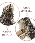 Close-up of toad-shaped brass cabinet drawer pulls for vintage style retro hardware, showing detailed texture and rust-resistant material.
